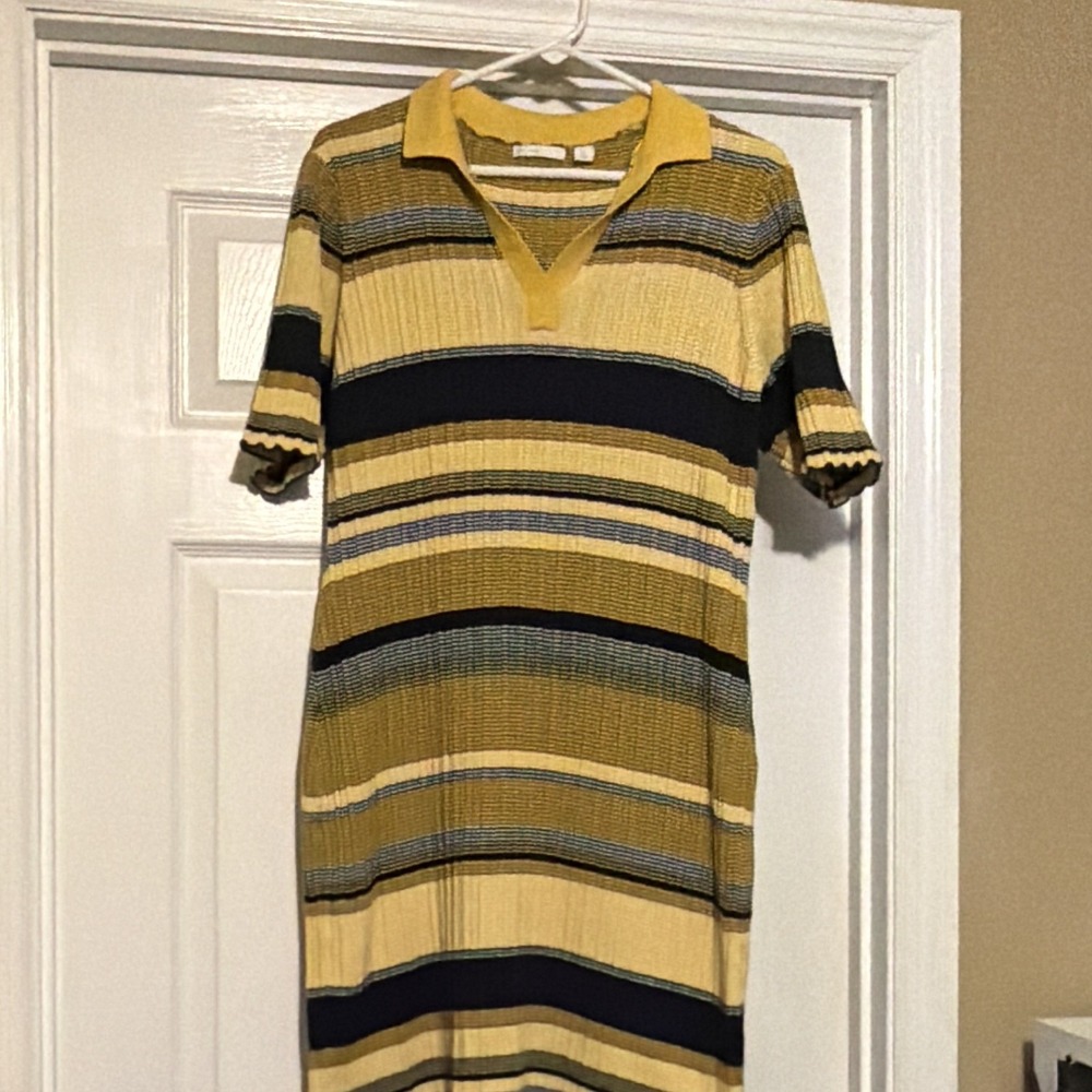 Women's XL Striped Knit Collared Short Sleeve Sweater Dress Yellow Stripes Dress - Picture 9 of 10